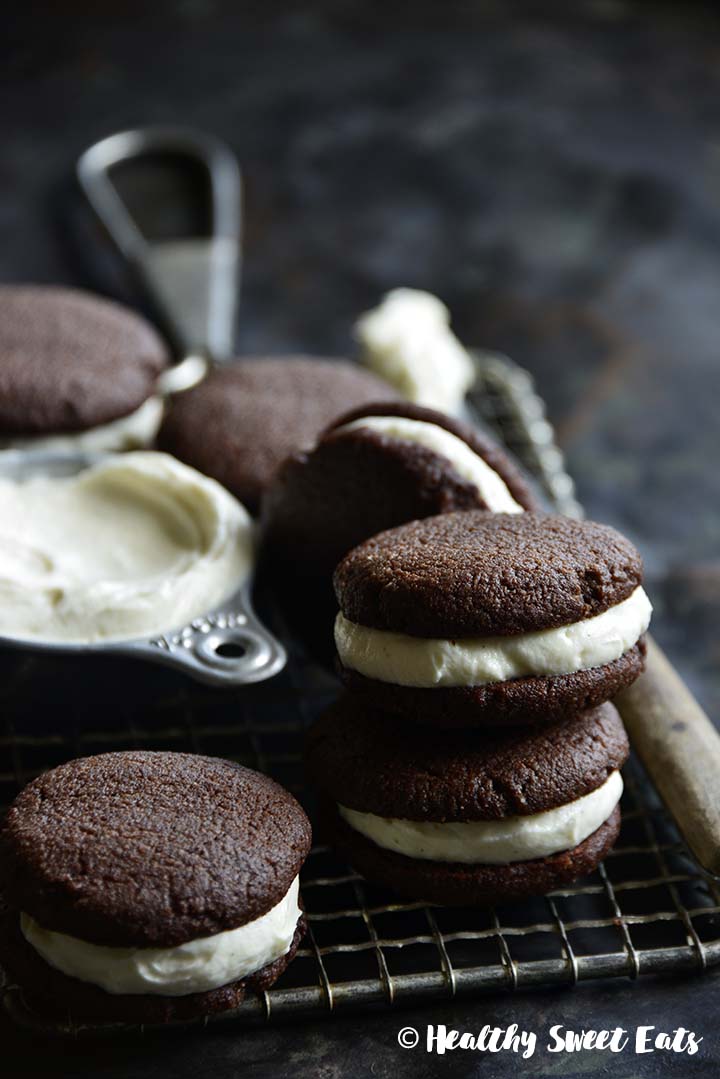 Low Carb Chocolate Whoopie Pies with Keto Cheesecake Buttercream Stacked
