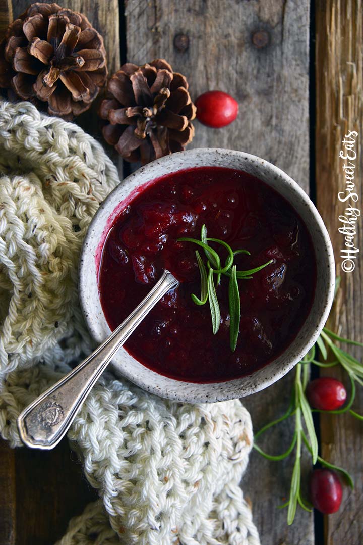 Overhead View of Rosemary Vanilla Cranberry Sauce (Low Carb Cranberry Sauce) on Wooden Table