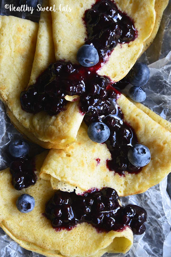 Close Up View of Gluten Free Crepes with Blueberry Jam
